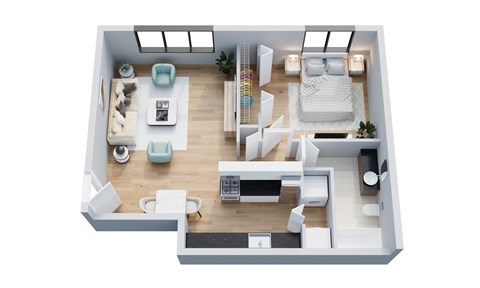 Floor plan for 1 bed, 1 bath, 684 sqft